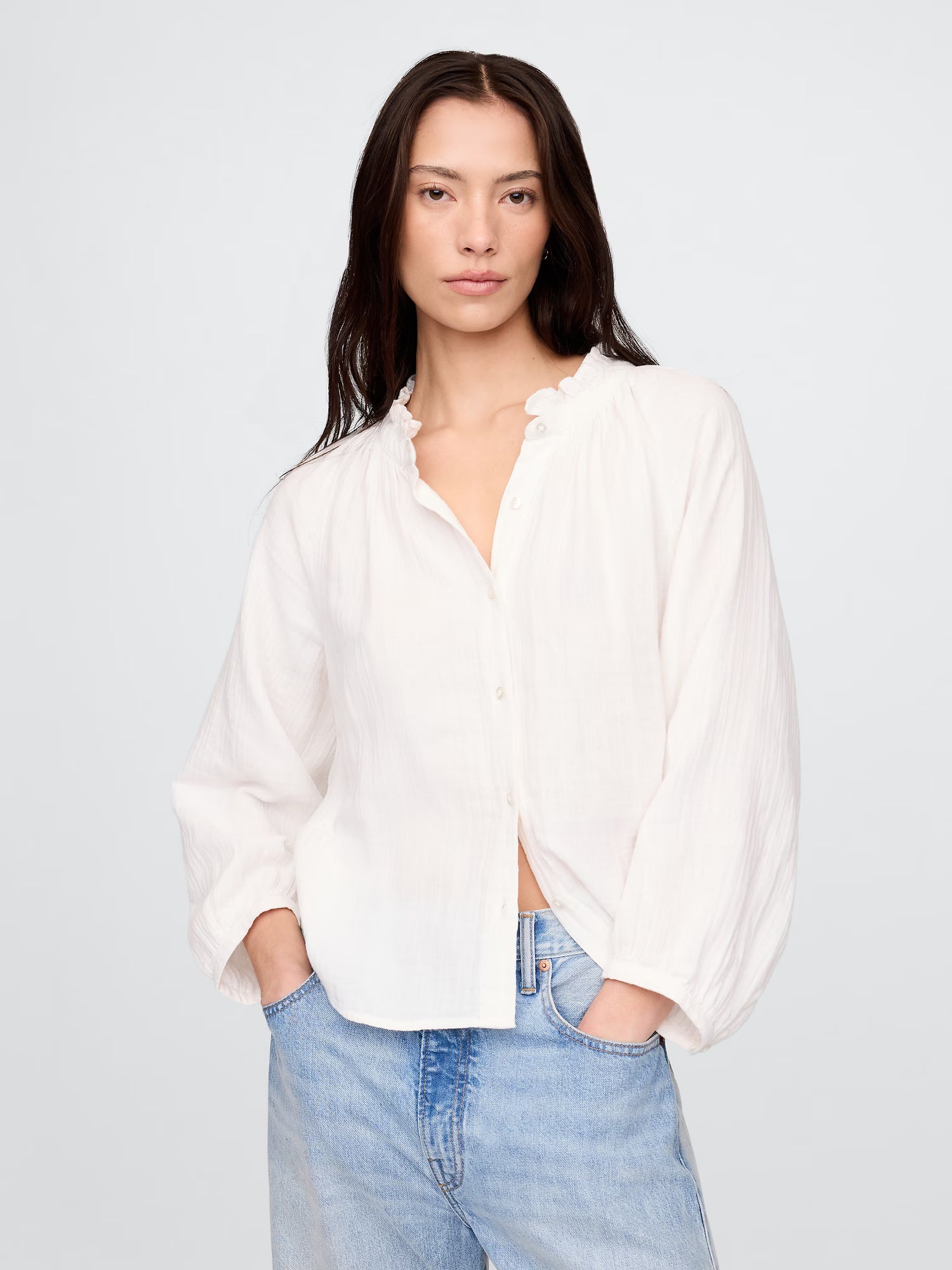 White ruffled collar shirt