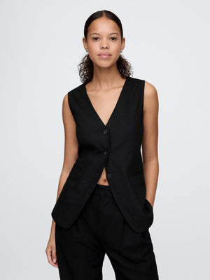Linen-blend longline vest