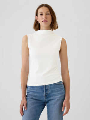 Modern funnel-neck ruched tank top