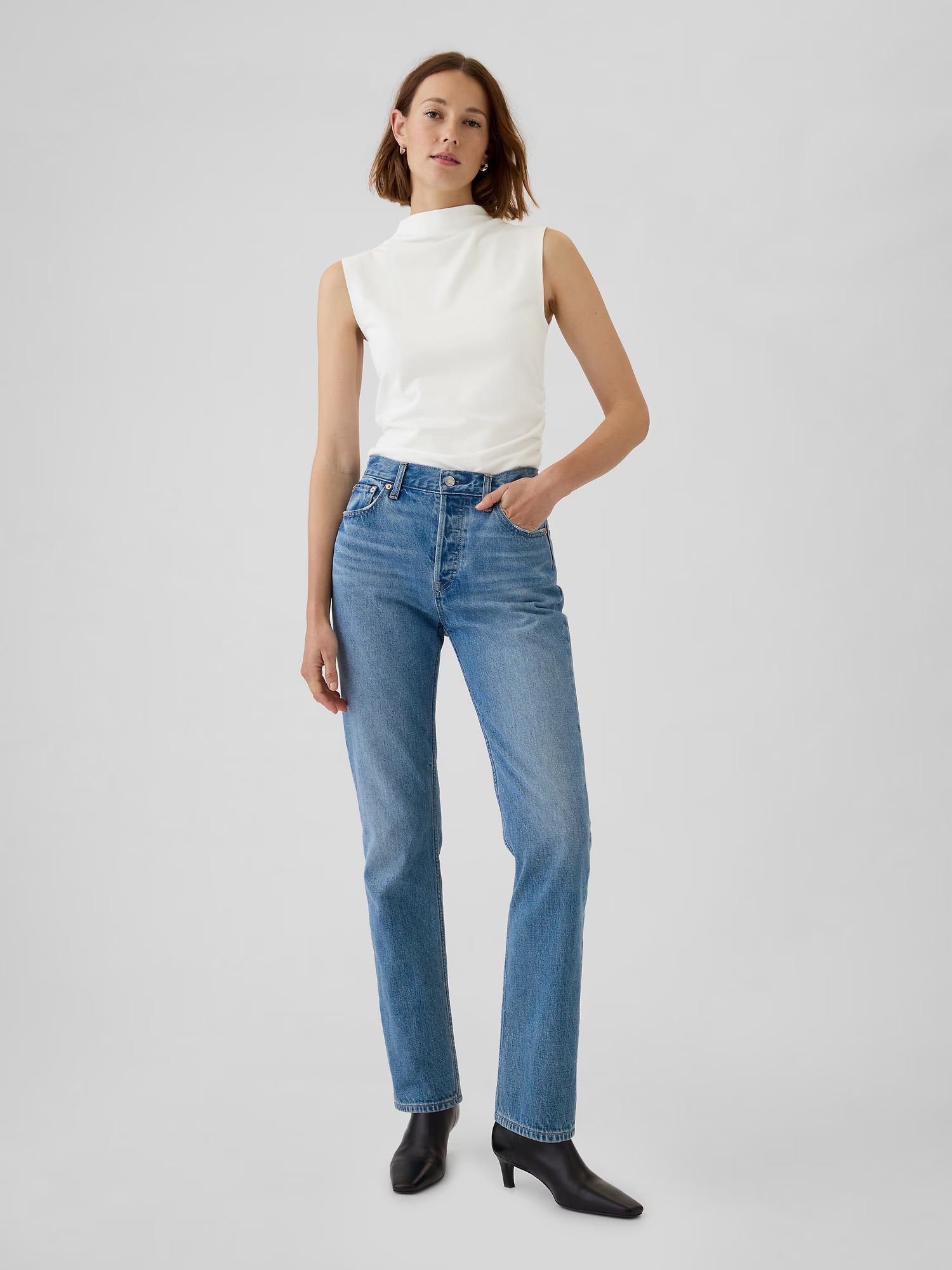 Modern funnel-neck ruched tank top