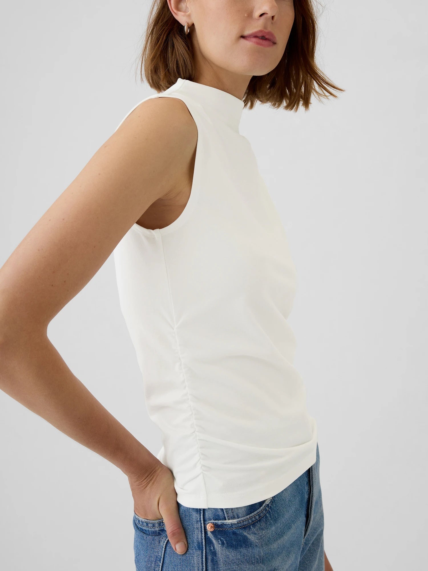 Modern funnel-neck ruched tank top